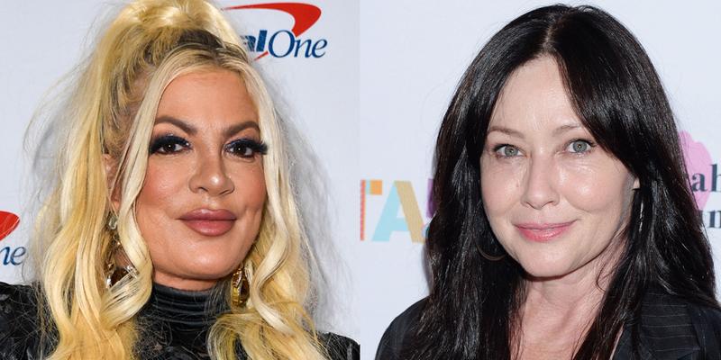 A collage of Tori Spelling and Shannen Doherty possing on the red carpet