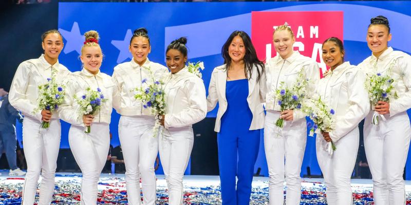 Simone Biles, Suni Lee, Jordan Chiles, Jade Carey, Hezly Rivera, and others celebrating making Team USA for 2024 Paris Olympics