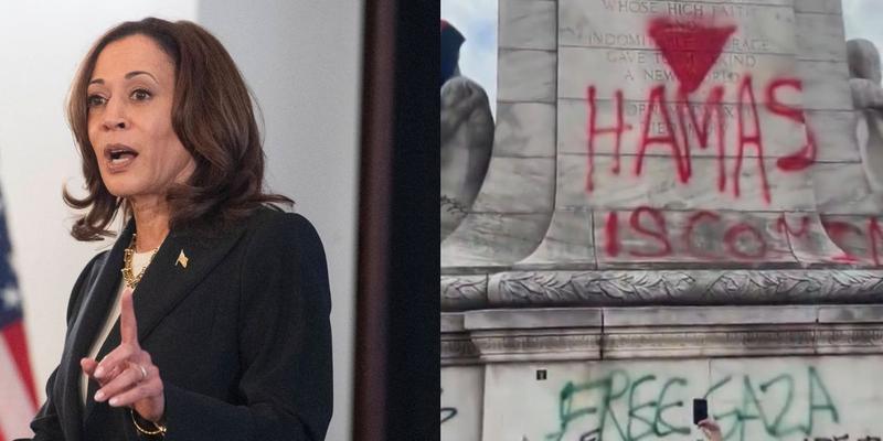 Kamala Harris (left) Hamas protests in DC (right)