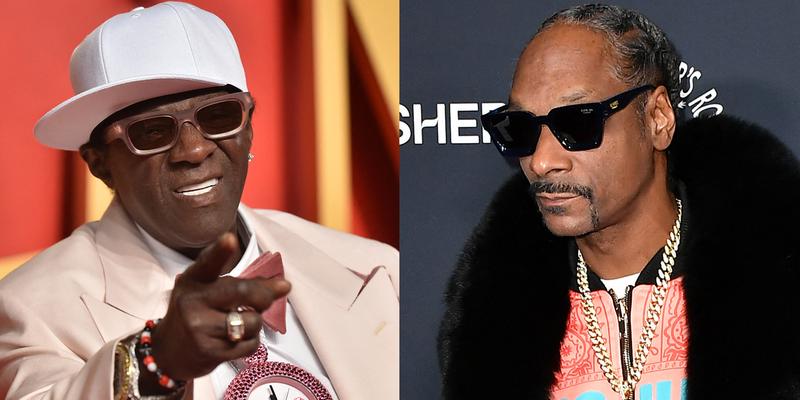 A collage of Flavor Flav and Snoop Dogg wearing dark shades and posing on different red carpet