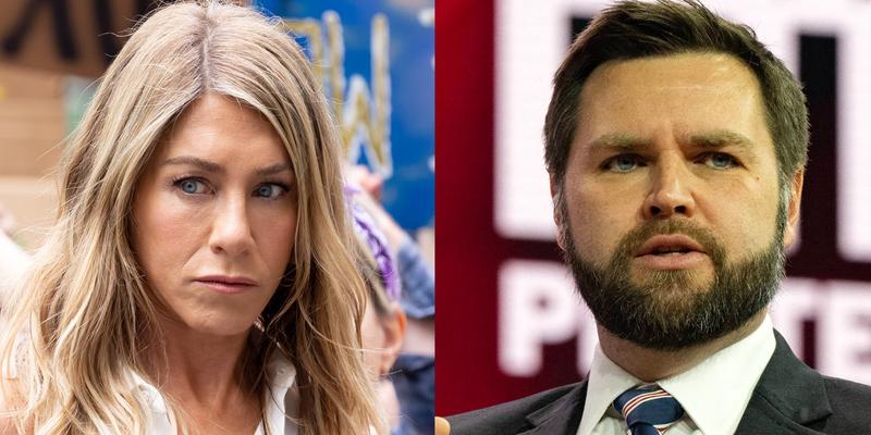 A collage of Jennifer Aniston and J.D. Vance