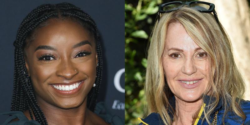 A collage of Simone Biles and Nadia Comaneci smiling