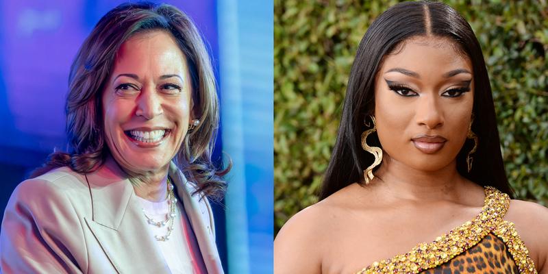 A collage of Vice president Kamala Harris and Megan Thee Stallion photos