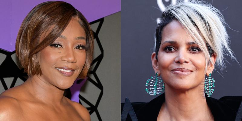 A collage of Tiffany Haddish and Halle Berry smiling on different red carpets