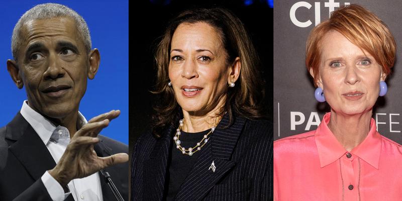 A photo collage of Barack Obama, Kamala Harris and Cynthia Nixon