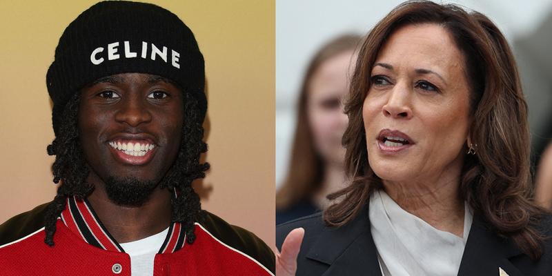 A photo collage of Kai-Cenat and Kamala Harris