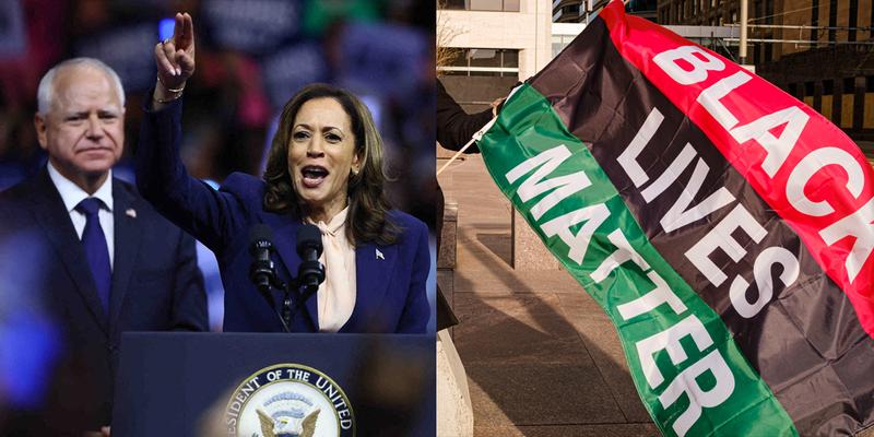 A collage of Kamala Harris and her VP Pick Tim Walz with a BLM flag