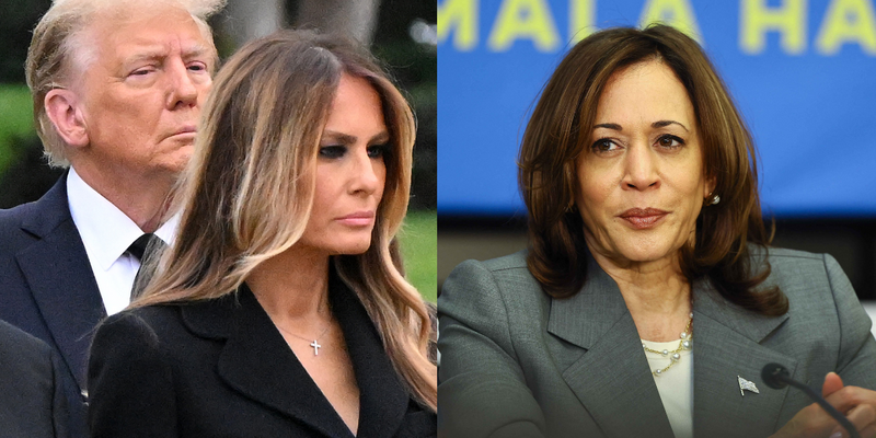 Photo collage of Donald Trump with his wife, Melania Trump, and vice President Kamala Harris