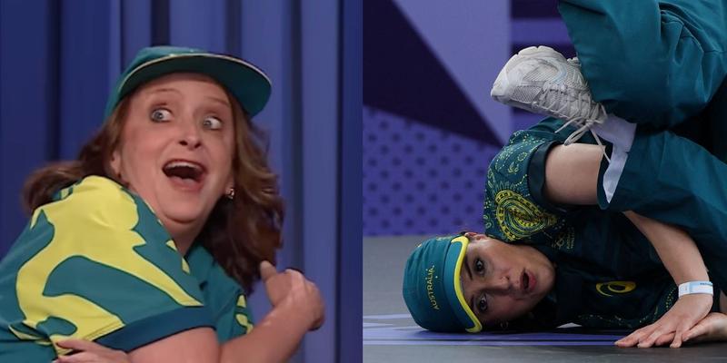 Rachel Dratch as Raygun (left) Raygun at Paris Olympics (right)