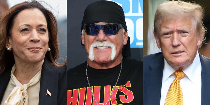 A photo collage of Kamala Harris, Hulk Hogan and Donald Trump