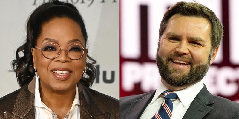 A photo collage of Oprah Winfrey and JD Vance