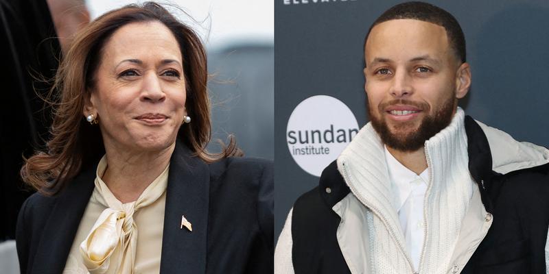 A photo collage of Kamala Harris and Stephen Curry