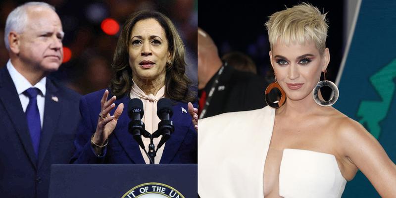 A photo collage of Katy Perry and Kamala Harris with Tim Walz