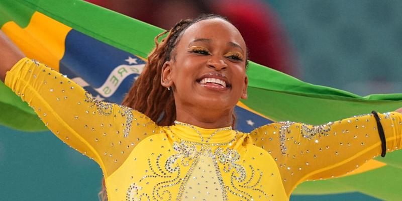 August 01 2024: Rebeca Andrade (Brazil) celebrates winning the silver at womens all around final on Day 6 of the Olympic Games at Bercy Arena, Paris, France. 01 Aug 2024 Pictured: August 01 2024: Rebeca Andrade (Brazil) celebrates winning the silver at womenâ??s all around final on Day 6 of the Olympic Games at Bercy Arena, Paris, France. Ulrik Pedersen/CSM. Photo credit: ZUMAPRESS.com / MEGA TheMegaAgency.com +1 888 505 6342 (Mega Agency TagID: MEGA1177810_017.jpg) [Photo via Mega Agency]