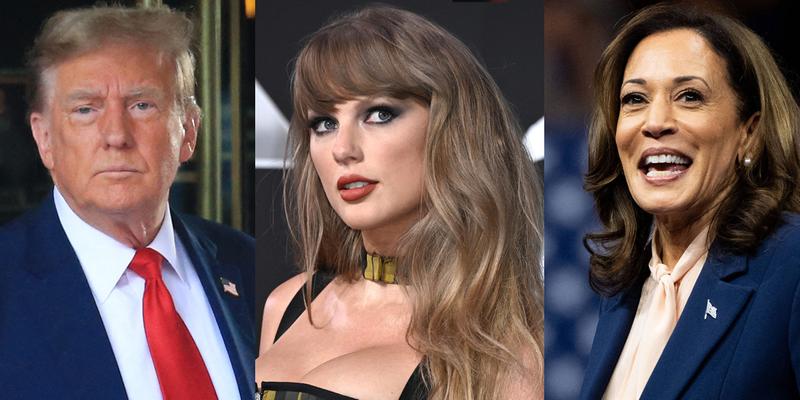 A photo collage of Donald Trump, Taylor Swift and Kamala Harris