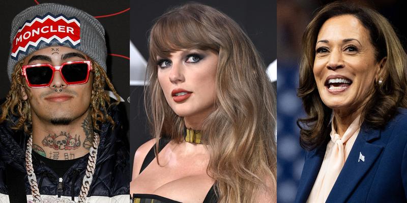 A photo collage of Rapper Lil Pump, Taylor Swift and Kamala Harris