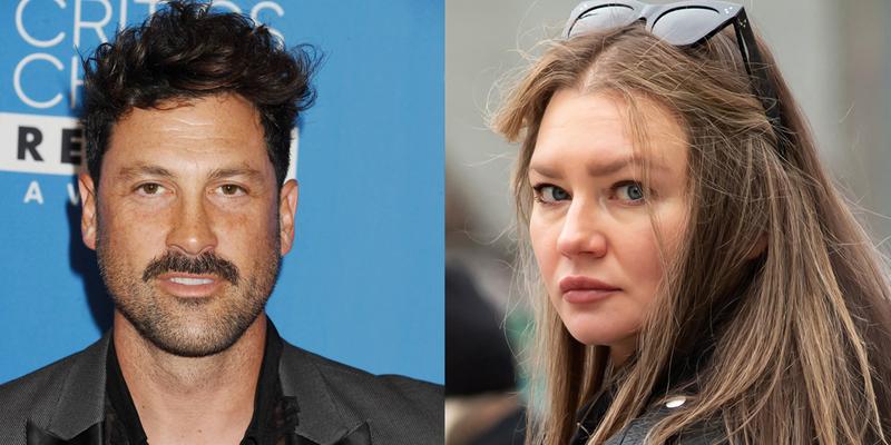 A photo collage of Maksim Chmerkovskiy and Anna Delvey