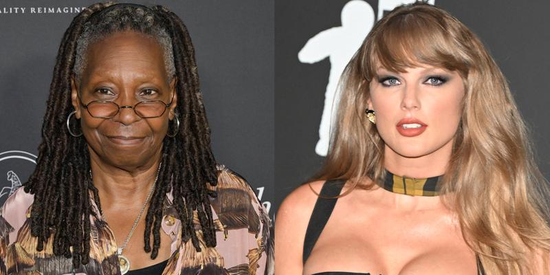 A photo collage of Whoopi Goldbergo and Taylor Swift