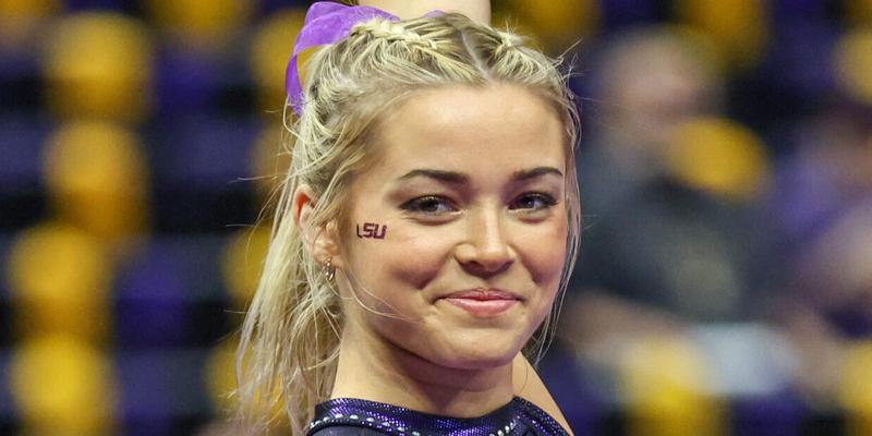 March 01, 2024: LSU's Olivia Dunne warms up on the floor prior to NCAA Gymnastics action between the Alabama Crimson Tide and the LSU Tigers at the Pete Maravich Assembly Center in Baton Rouge, LA. Jonathan Mailhes/CSM (Credit Image: © Jonathan Mailhes/Cal Sport Media) Newscom/(Mega Agency TagID: csmphotothree236867.jpg) [Photo via Mega Agency]