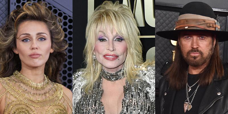 A photo collage of Miley Cyrus, Dolly Parton and Billy Ray Cyrus