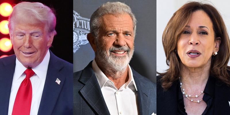 A photo collage Donald Trump, Mel Gibson and Kamala Harris