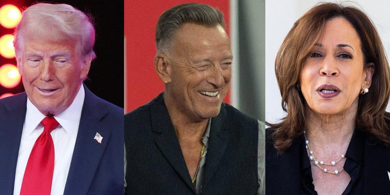 A photo collage of Donald Trump, Bruce Springsteen and Kamala Harris