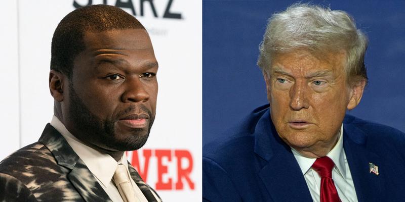 Photo collage of 50 Cent and Donald Trump