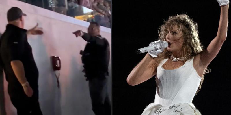 Police officers at Eras Tour (left) Taylor Swift singing (right)