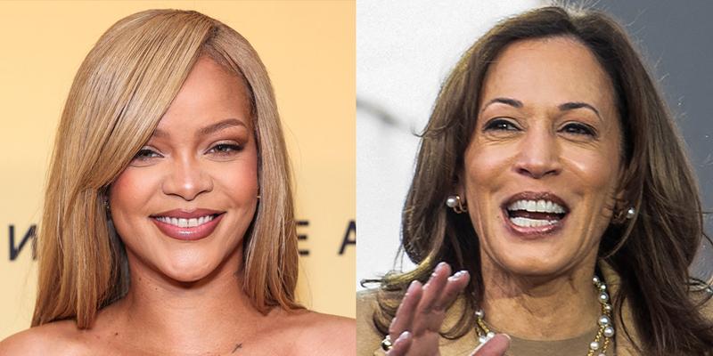 A photo collage of Rihanna and Kamala Harris