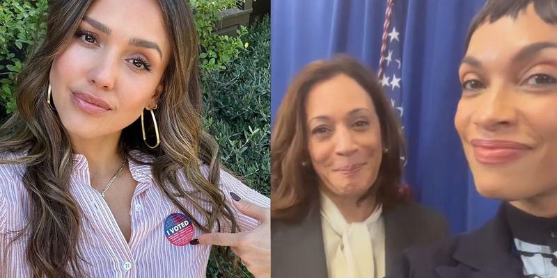 Jessica Alba selfie (left) Kamala Harris and Rosario Dawson selfie (right)