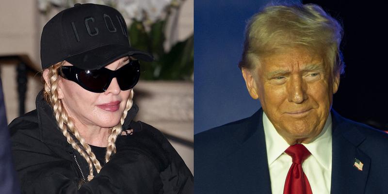 A photo collage of Madonna and Donald Trump