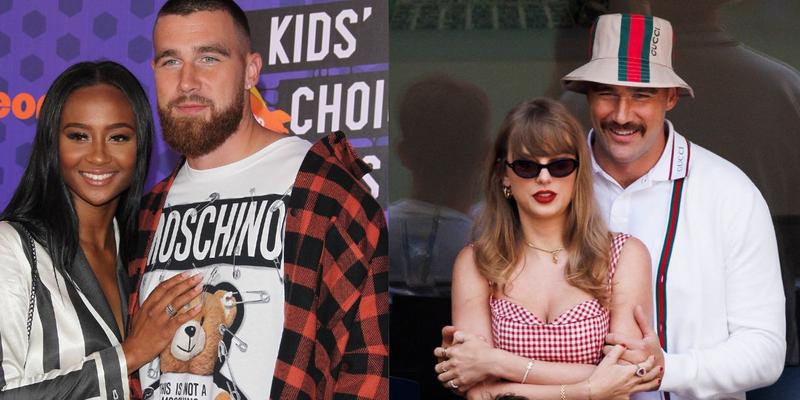 Kayla Nicole and Travis Kelce (left) Taylor Swift and Travis Kelce (right)