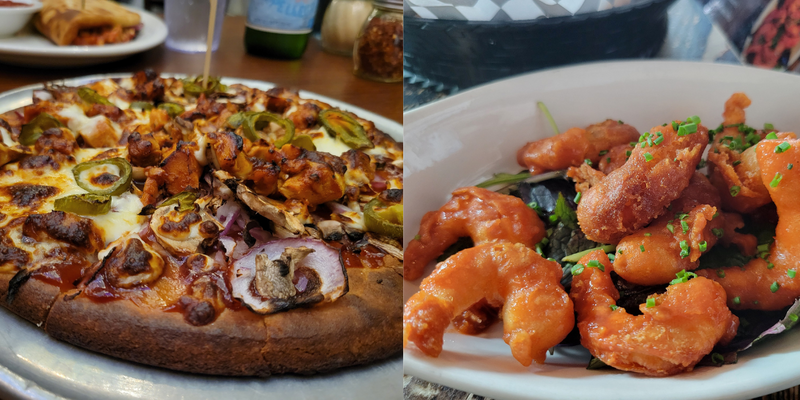 Pizza from Razzis and shrimp from Ghostfish in Seattle