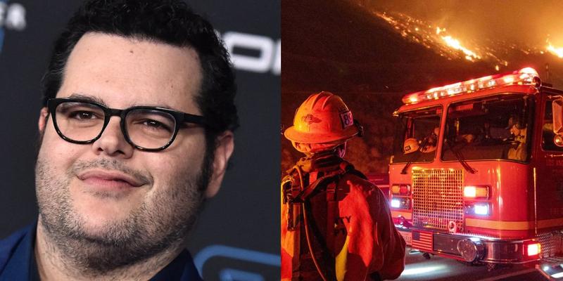 Josh Gad (left) California wildfires (right)