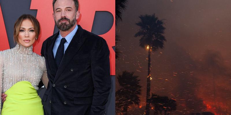 Collage of Ben Affleck & Jennifer Lopez and the Pacific Palisades wildfires