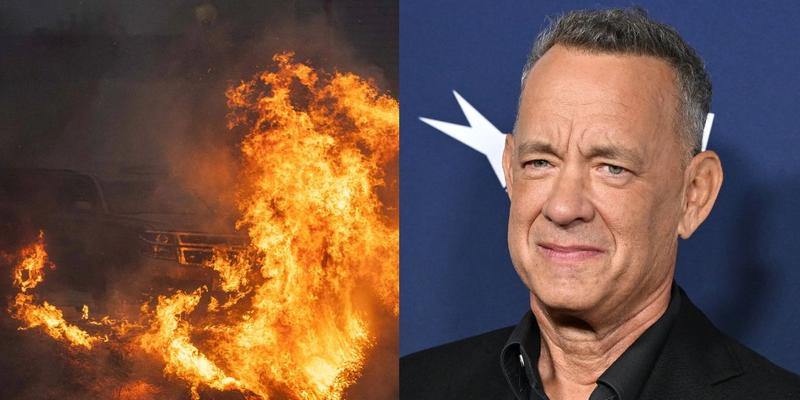 Pacific Palisades wildfire and Tom Hanks collage