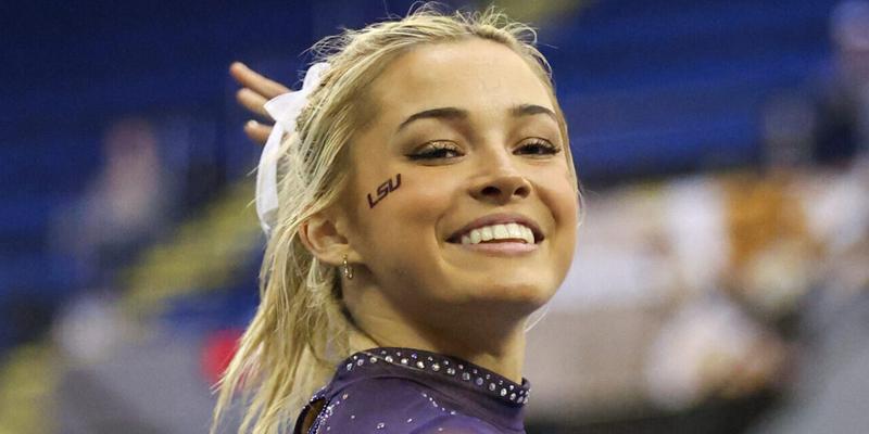 March 8, 2024: LSU's Olivia Dunne competes on the floor during the Purple and Gold Podium Challenge woman's gymnastics quad meet at the Raising Canes River Center in Baton Rouge, LA. Jonathan Mailhes/CSM (Credit Image: © Jonathan Mailhes/Cal Sport Media) Newscom/(Mega Agency TagID: csmphotothree239115.jpg) [Photo via Mega Agency]