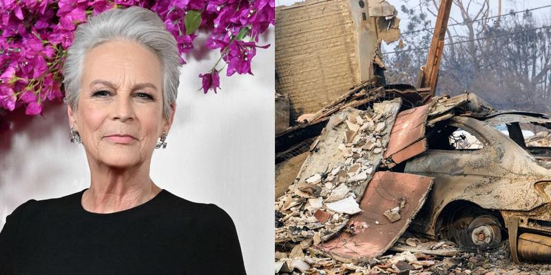 Jamie Lee Curtis (left) Wildfire destruction (right)