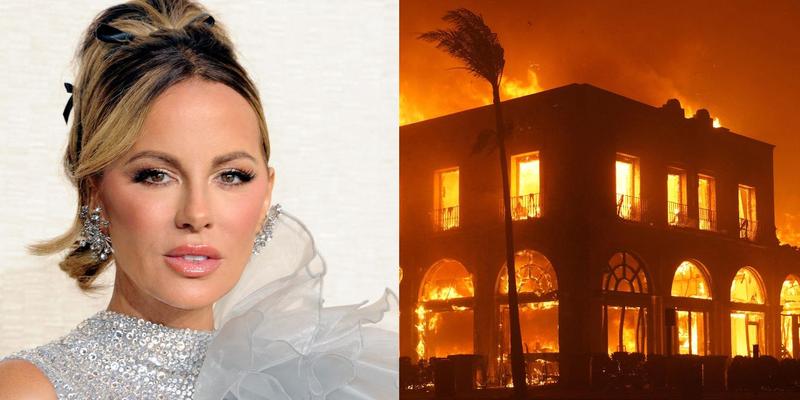 Kate Beckinsale (left) California wildfires burn down building (right)