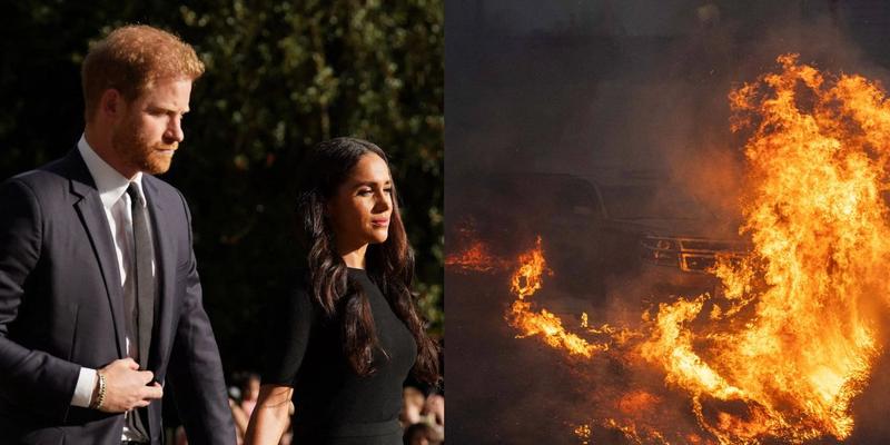 Prince Harry and Meghan Markle, Pacific Palisades wildfire photo collage