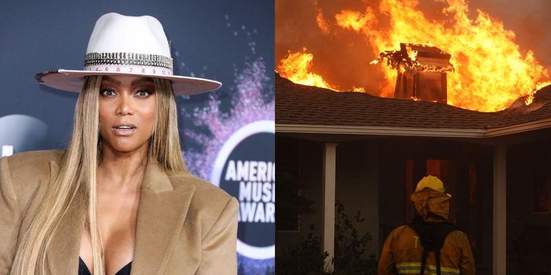 Tyra Banks (left) LA fire burning house down (right)