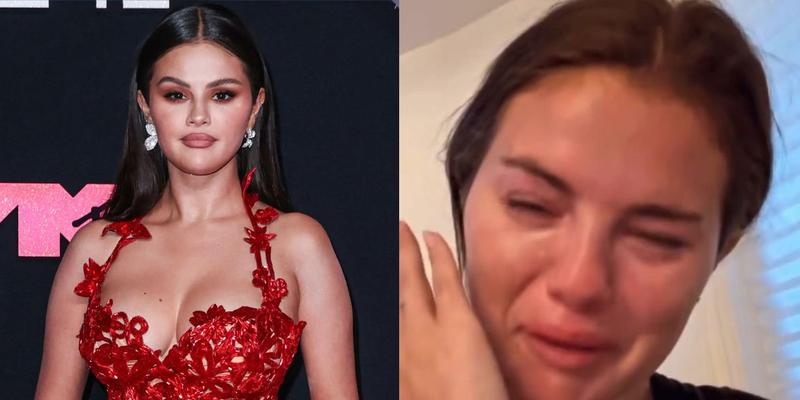 A collage of Selena Gomez on the pink carpet and a screenshot of her crying in a video