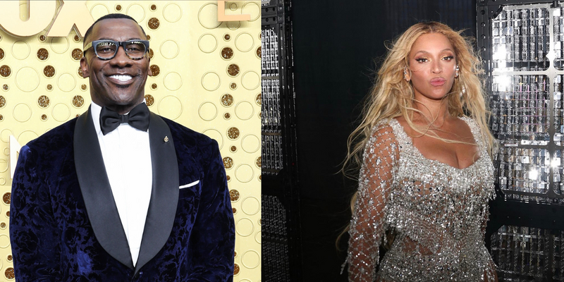 Side by side of Beyoncé and Shannon Sharpe both posing for photos.