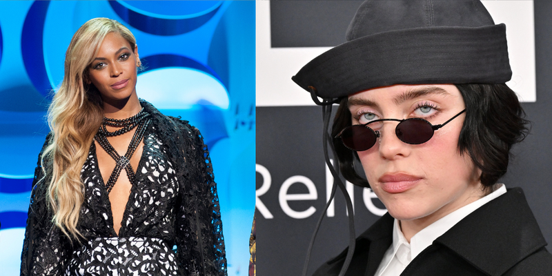 Side by side of Billie Eilish and Beyoncé.