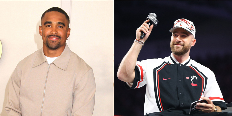 Side by side collage of Travis Kelce smiling while holding a microphone and Jalen Hurts posing on the red carpet.