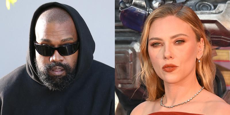 A photo collage of Kanye West and Scarlett Johansson