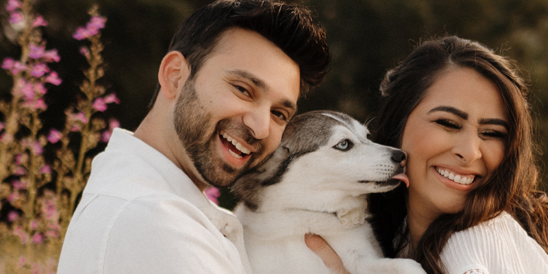 Sheena and Sunit Shah with Sapphie the Pomsky