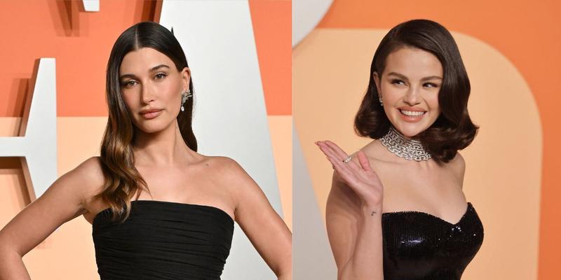 Hailey Bieber, Selena Gomez photo collage of their red carpet appearance at the Vanity Fair Oscars Party