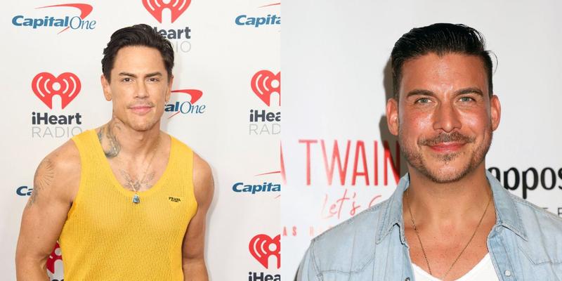 Photo collage of Jax Taylor and Tom Sandoval posing for photos on the red carpet.