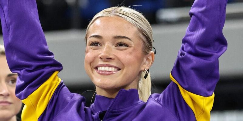 February 28, 2025: LSU's Olivia Dunne competes on the balance beam during the Purple and Gold Podium Challenge woman's gymnastics LSU vs George Washington at the Raising Canes River Center in Baton Rouge, LA. Jonathan Mailhes/CSM. 28 Feb 2025 Pictured: February 28, 2025: LSU's Olivia Dunne is introduced to the audience prior to the Purple and Gold Podium Challenge woman's gymnastics LSU vs George Washington at the Raising Canes River Center in Baton Rouge, LA. Jonathan Mailhes/CSM. Photo credit: ZUMAPRESS.com / MEGA TheMegaAgency.com sales@mega.global (Mega Agency TagID: MEGA1276490_001.jpg) [Photo via Mega Agency]